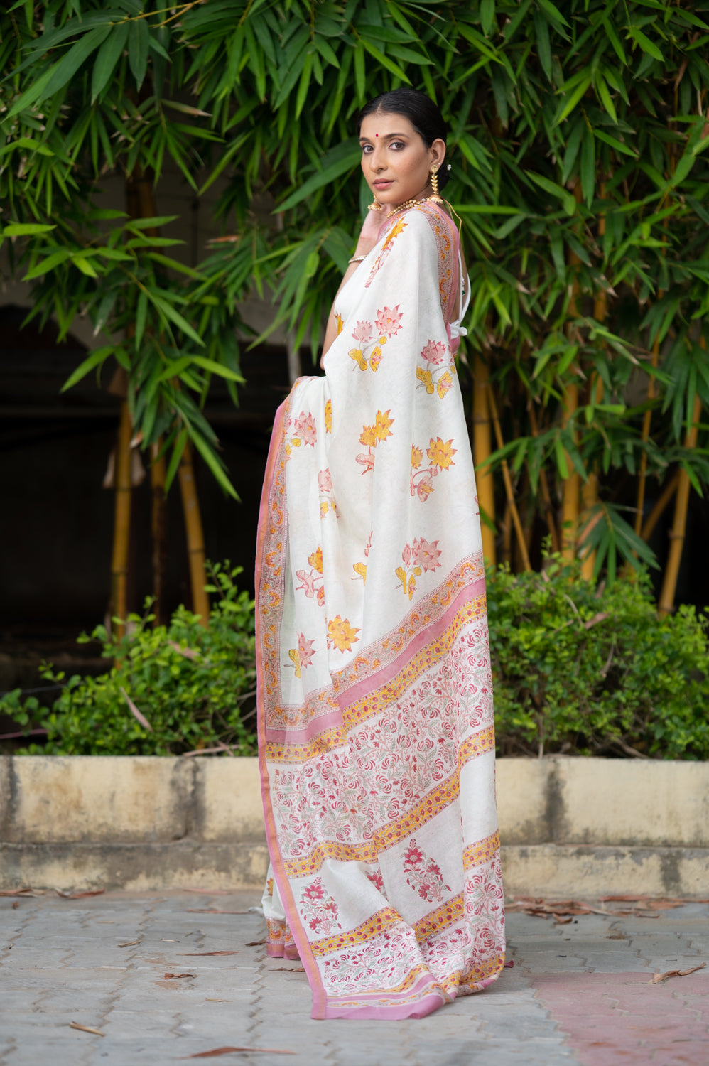 Laxmi Lotus Block Printed Chanderi Saree (6840633393251)