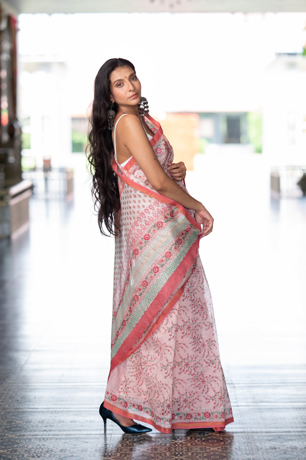 Peach Pink Hand Block Printed Chanderi Saree (6840633458787)