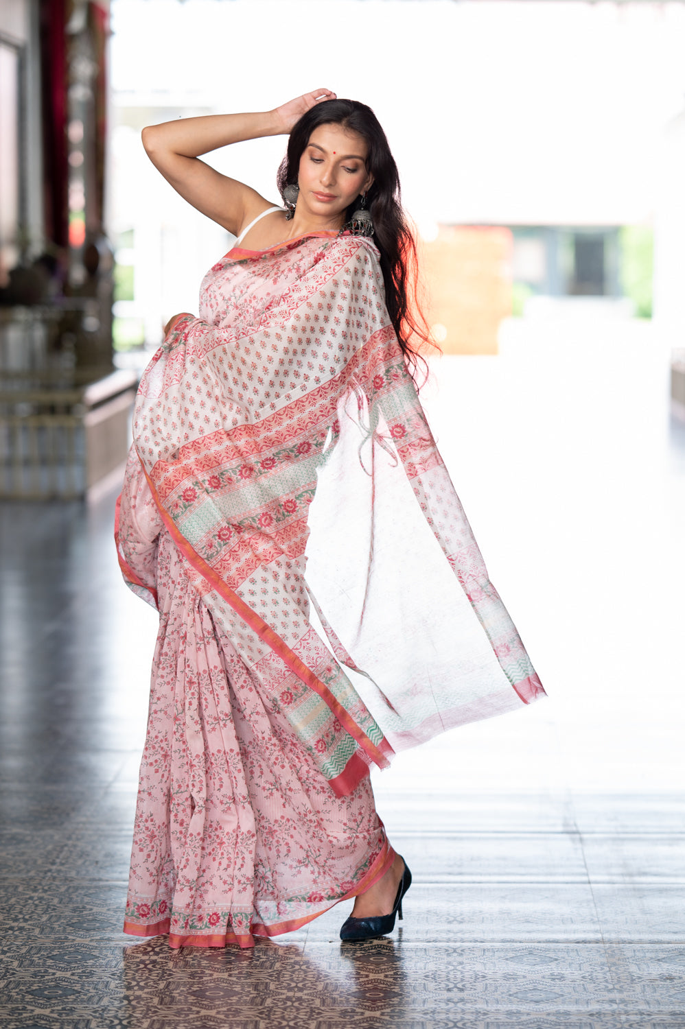 Peach Pink Hand Block Printed Chanderi Saree (6840633458787)