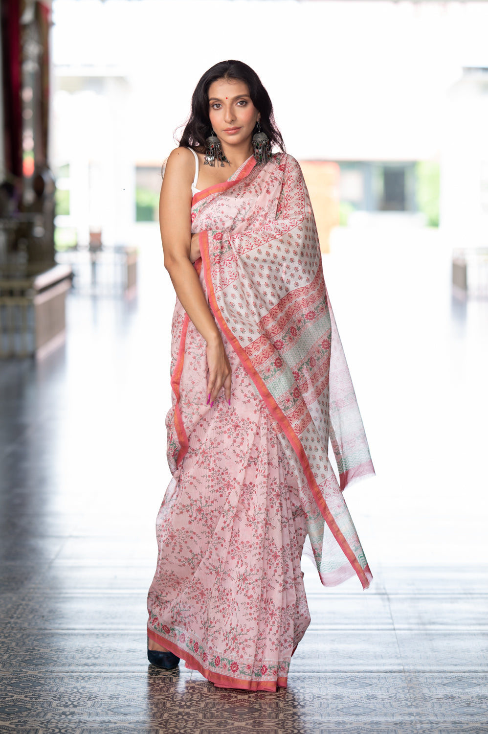 Peach Pink Hand Block Printed Chanderi Saree (6840633458787)