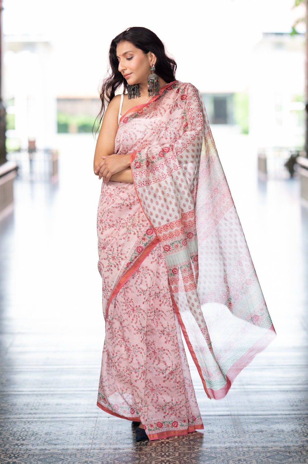 Peach Pink Hand Block Printed Chanderi Saree (6840633458787)