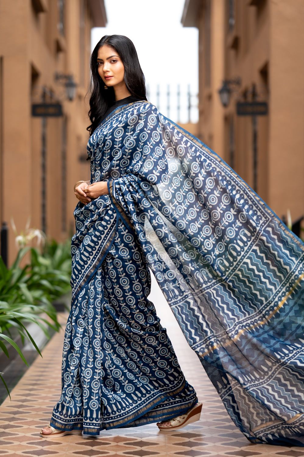 Dabu Indigo Handblock Printed Chanderi Saree (6838012608611)