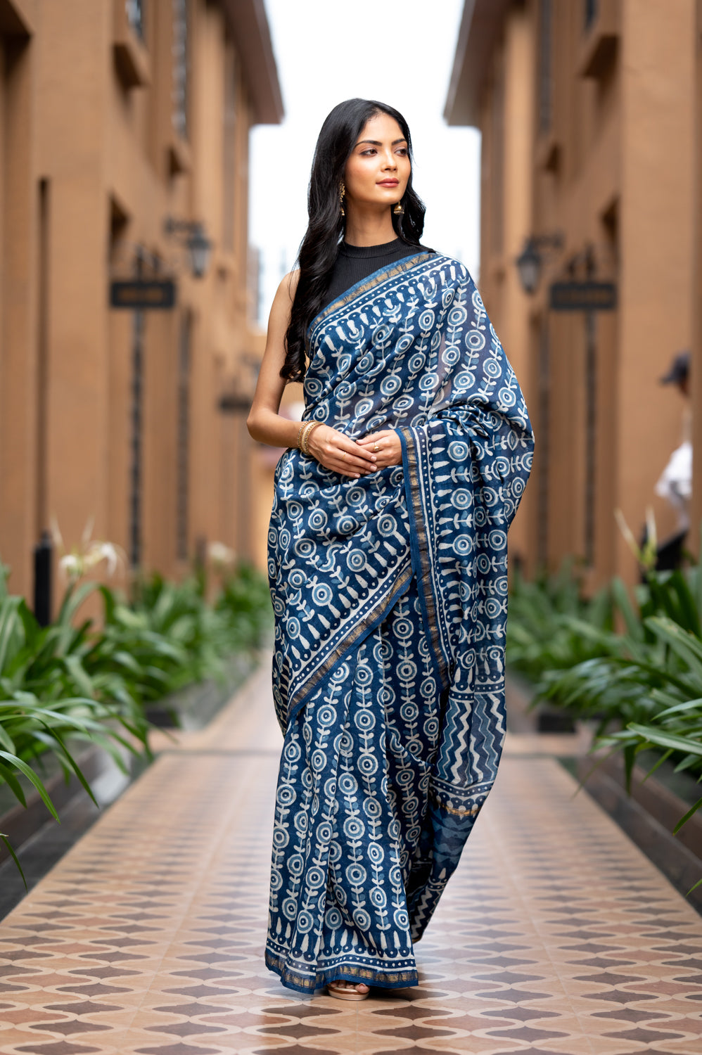 Dabu Indigo Handblock Printed Chanderi Saree (6838012608611)