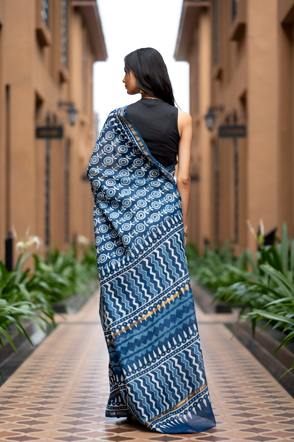 Dabu Indigo Handblock Printed Chanderi Saree (6838012608611)