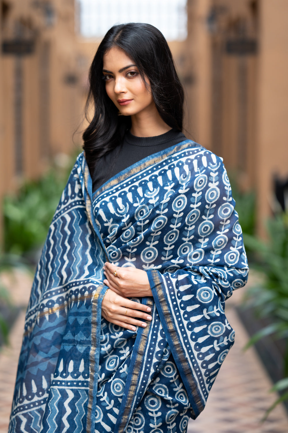 Dabu Indigo Handblock Printed Chanderi Saree (6838012608611)