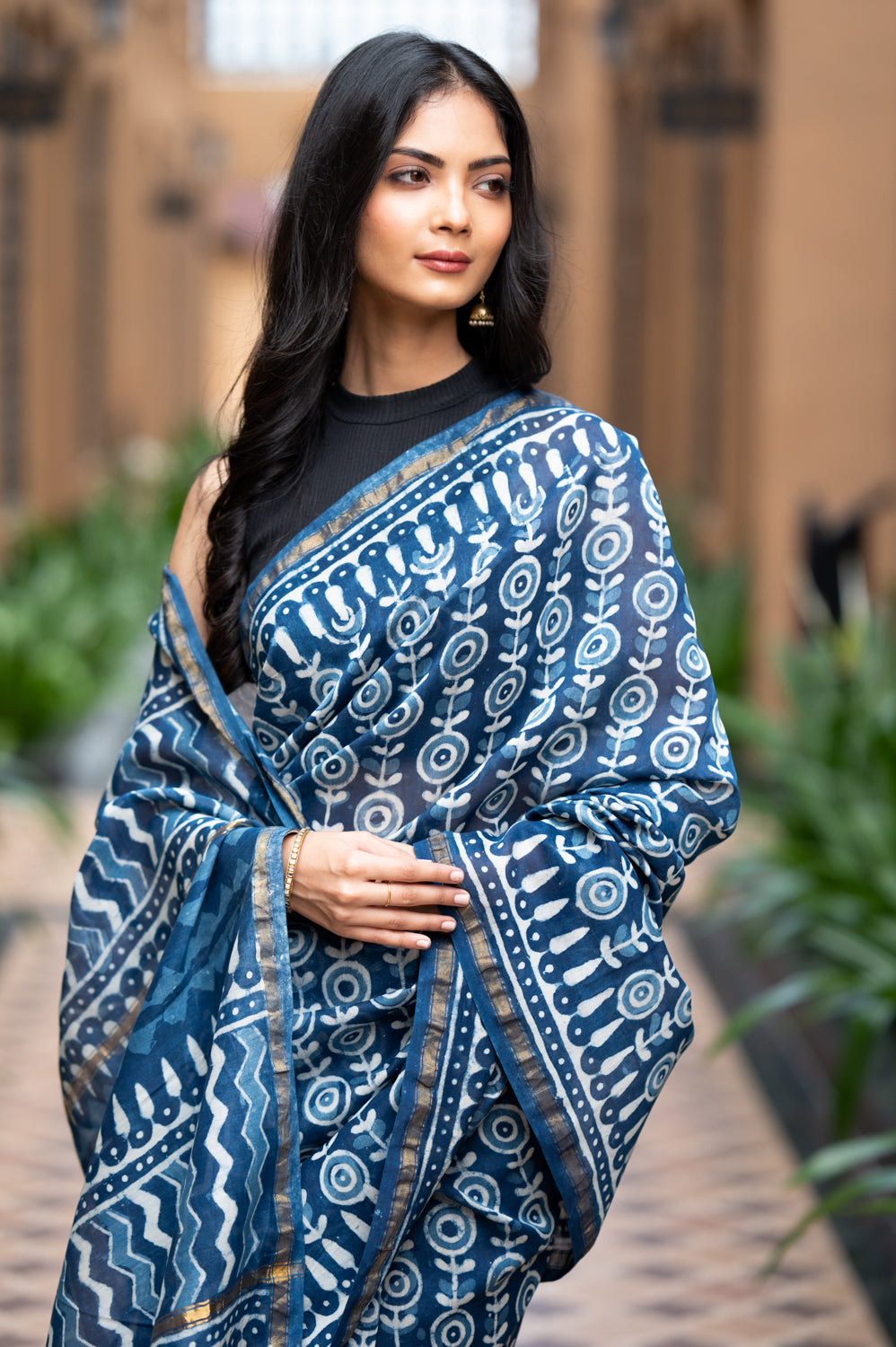 Dabu Indigo Handblock Printed Chanderi Saree (6838012608611)