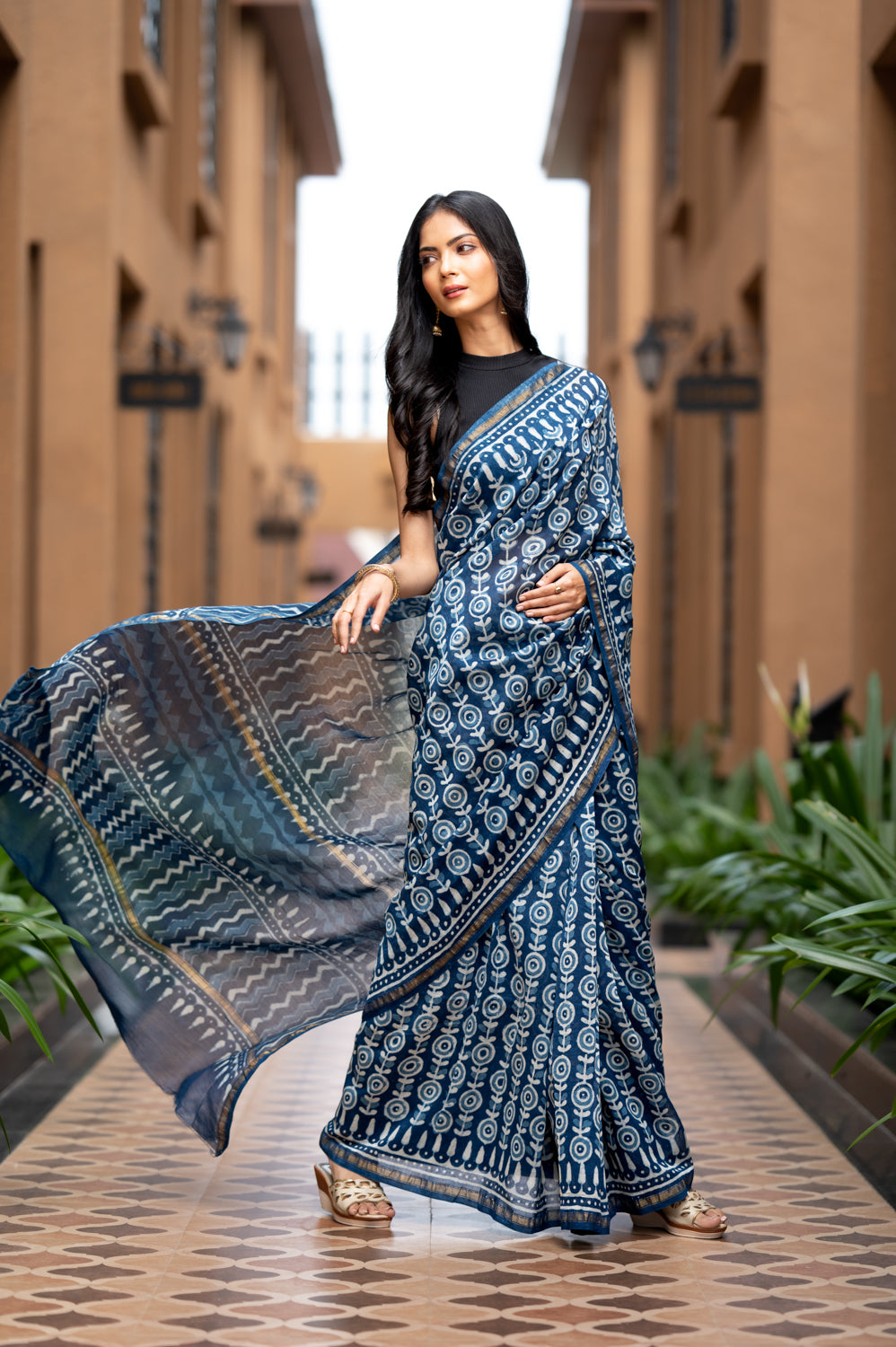 Dabu Indigo Handblock Printed Chanderi Saree (6838012608611)