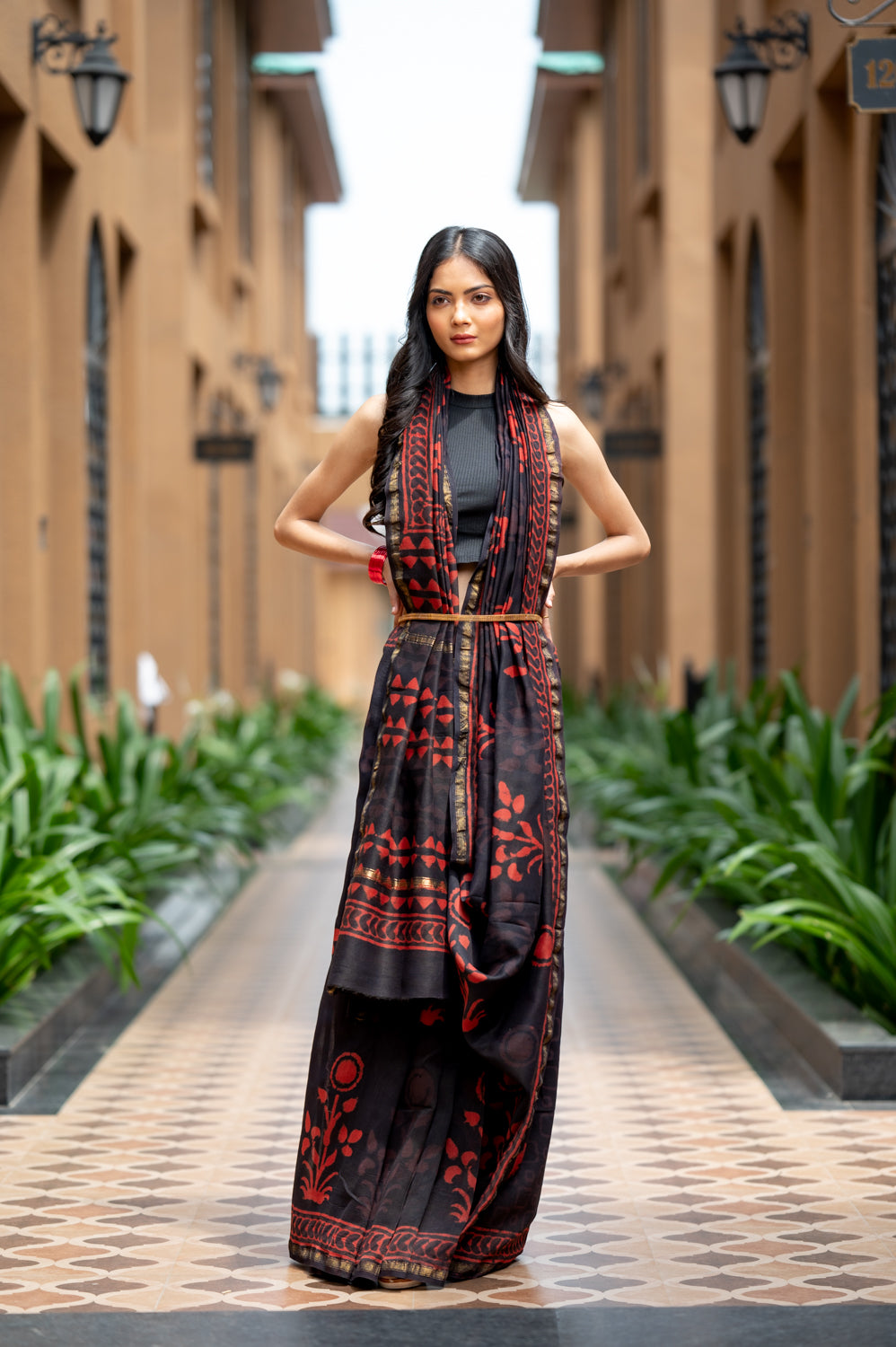 Hand Block Printed Red Black Chanderi Saree (6838012641379)