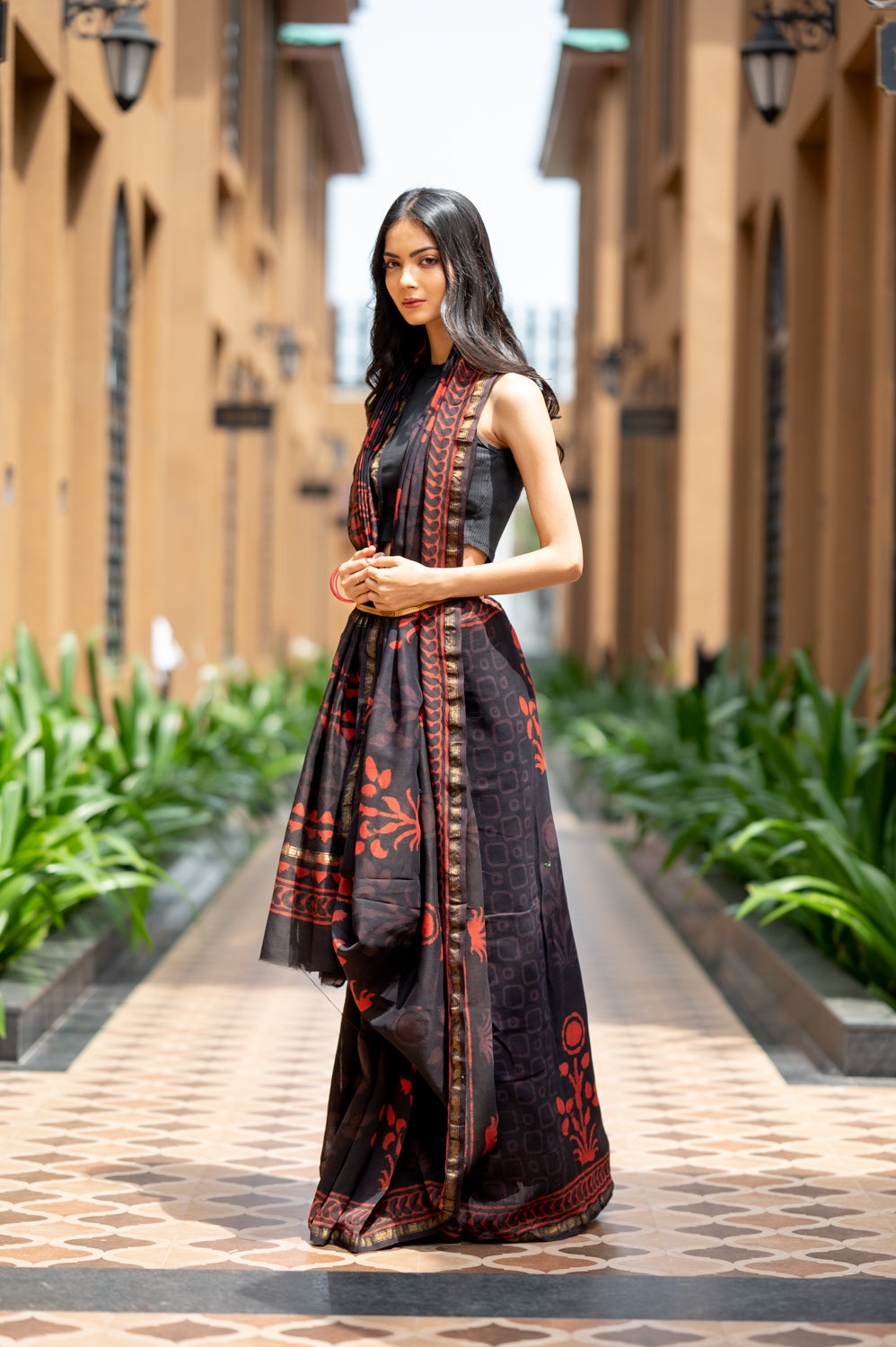 Hand Block Printed Red Black Chanderi Saree (6838012641379)