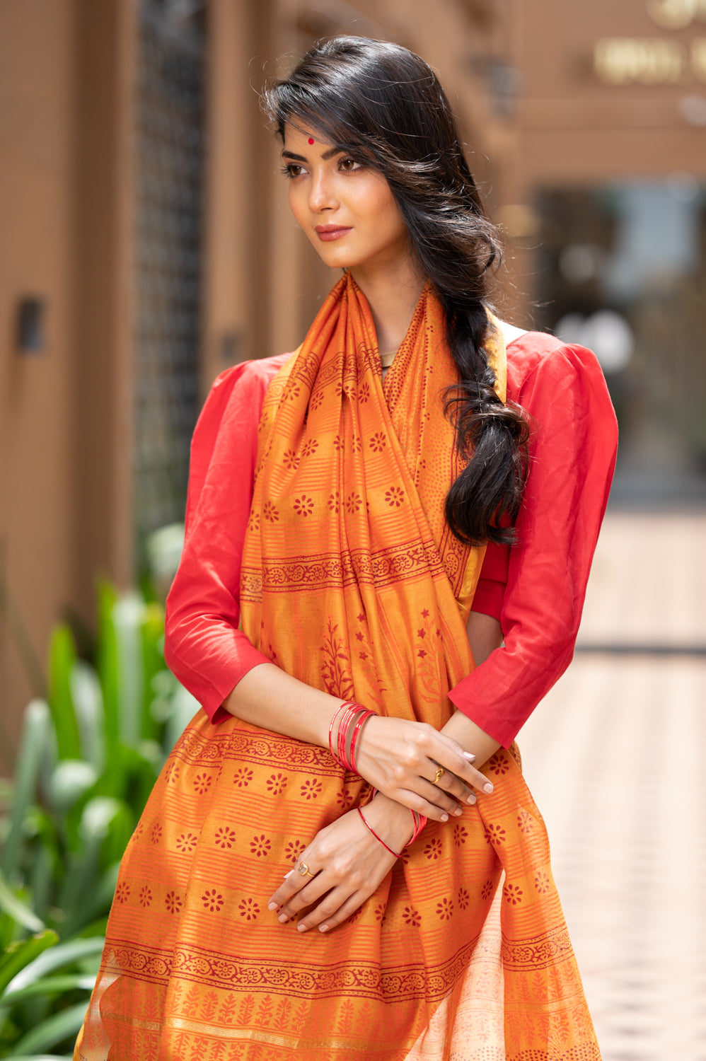 Kesariya Block Printed Chanderi Silk Saree (6840633622627)