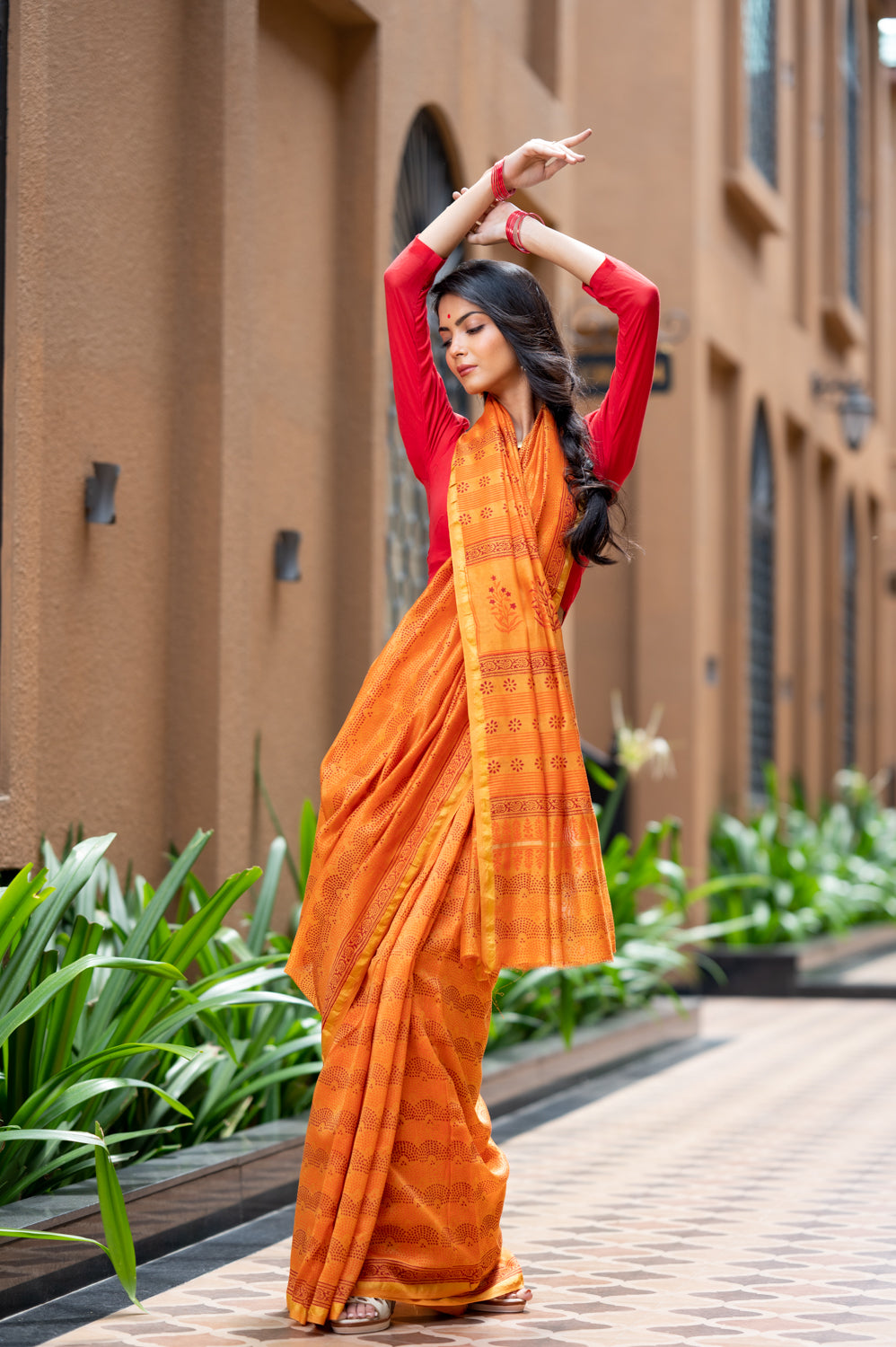 Kesariya Block Printed Chanderi Silk Saree (6840633622627)