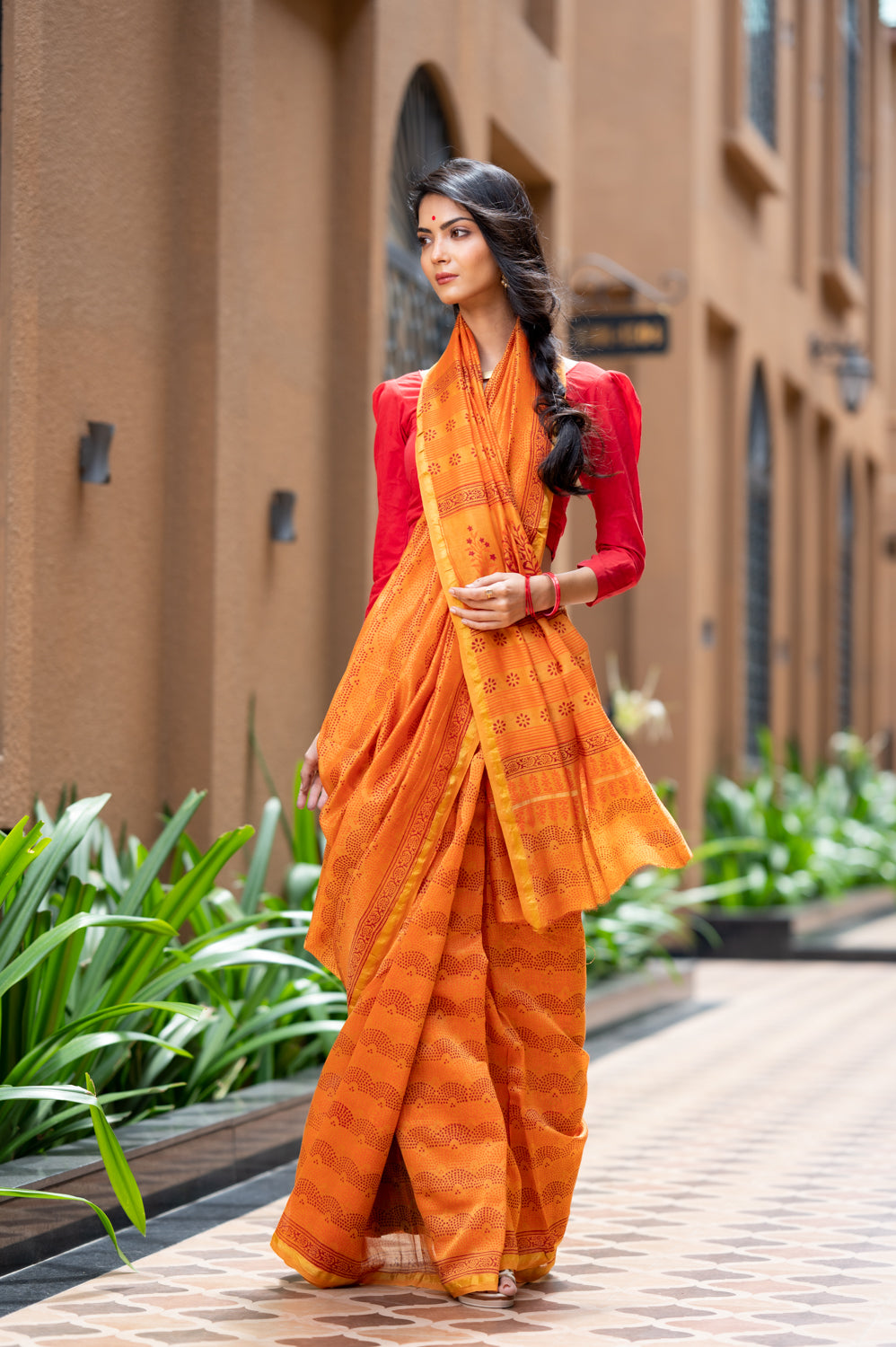 Kesariya Block Printed Chanderi Silk Saree (6840633622627)