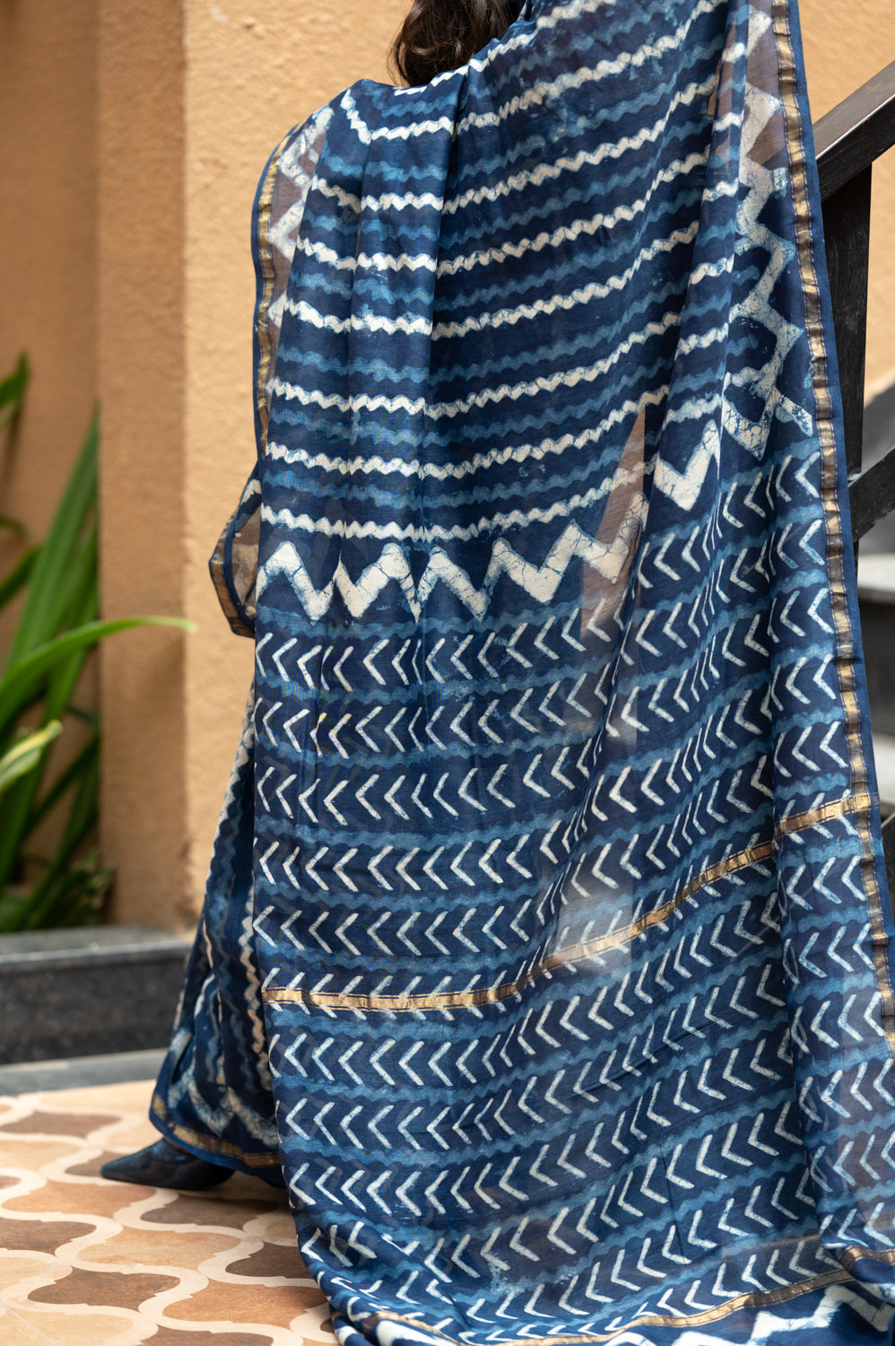 Indigo Pure Chanderi Hand Block Printed 'Zig-Zag Saree'. (6838012706915)