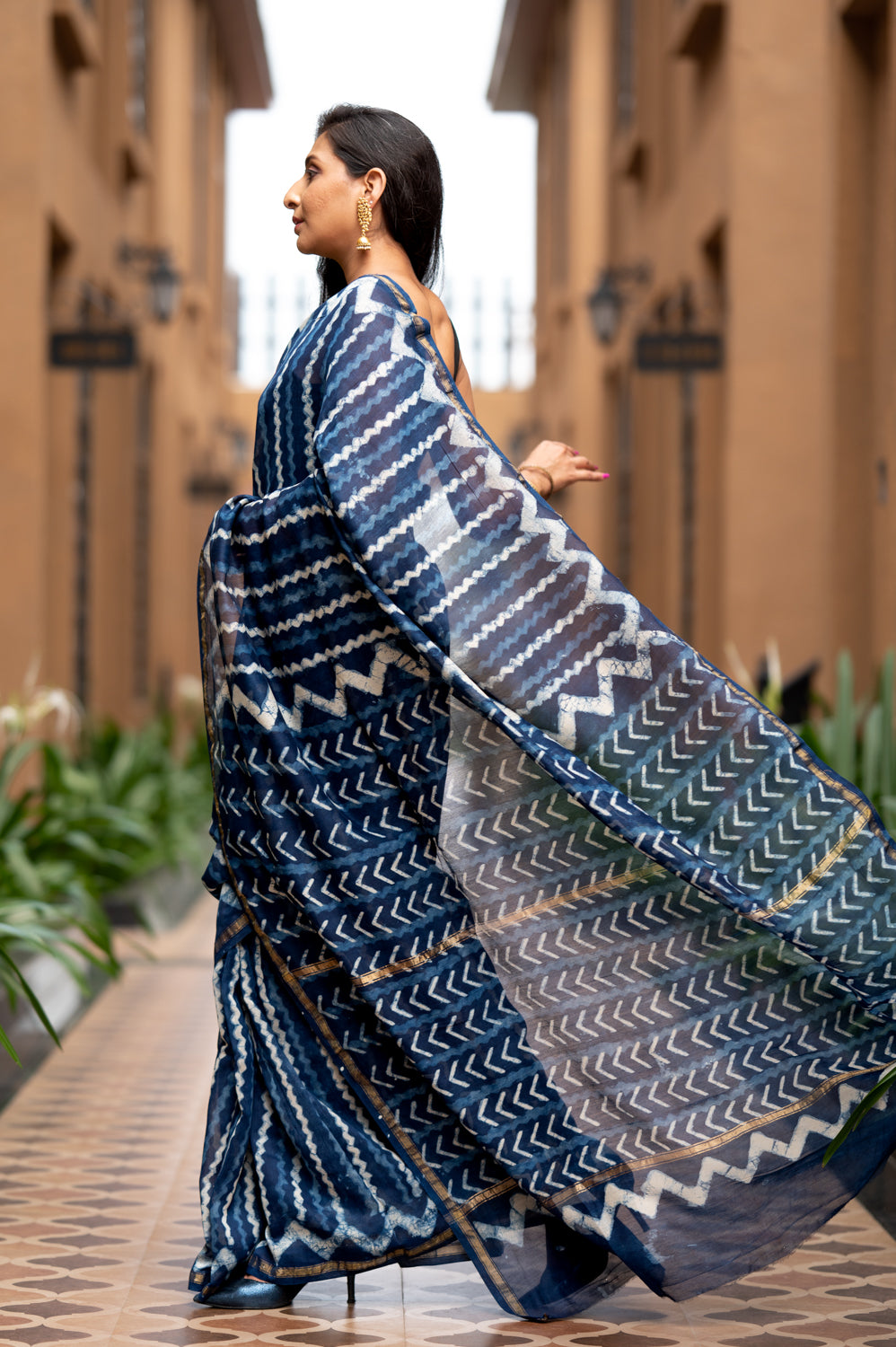 Indigo Pure Chanderi Hand Block Printed 'Zig-Zag Saree'. (6838012706915)