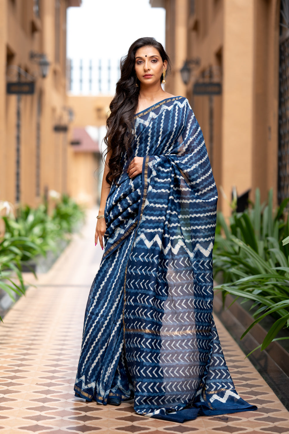 Indigo Pure Chanderi Hand Block Printed 'Zig-Zag Saree'. (6838012706915)