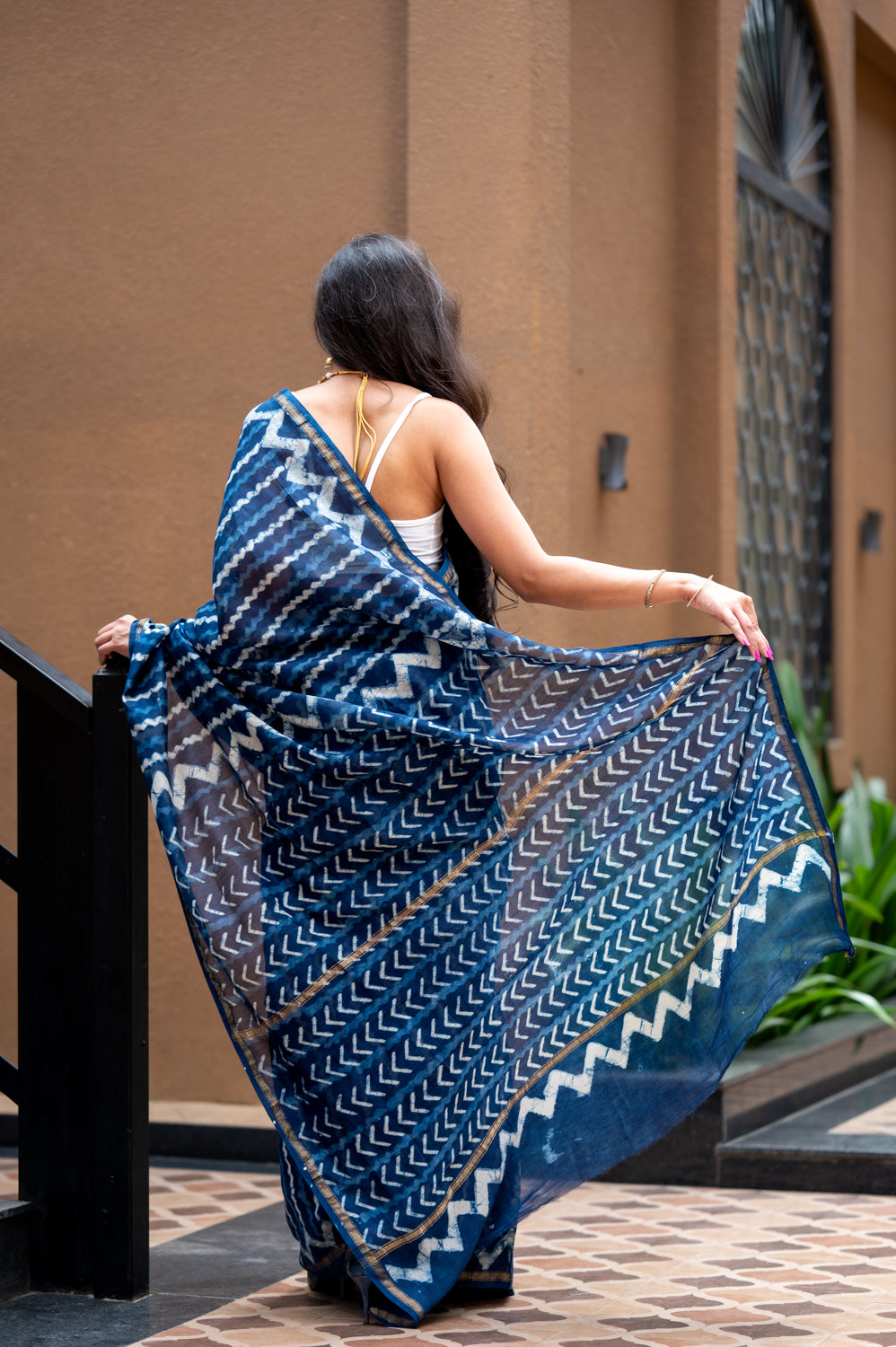 Indigo Pure Chanderi Hand Block Printed 'Zig-Zag Saree'. (6838012706915)