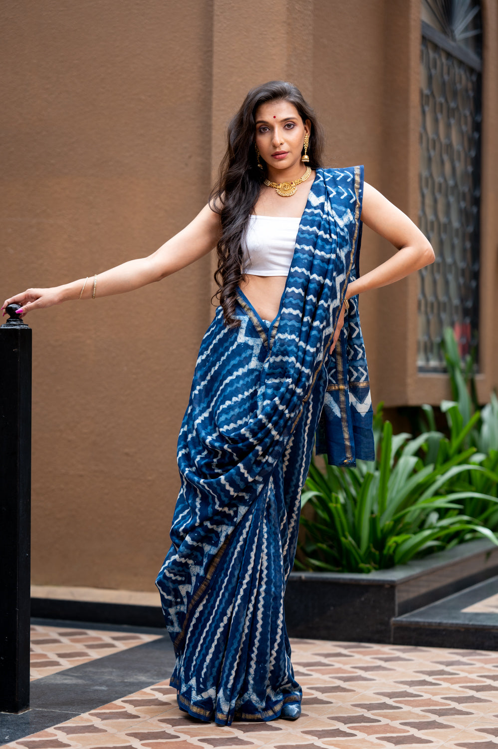Indigo Pure Chanderi Hand Block Printed 'Zig-Zag Saree'. (6838012706915)