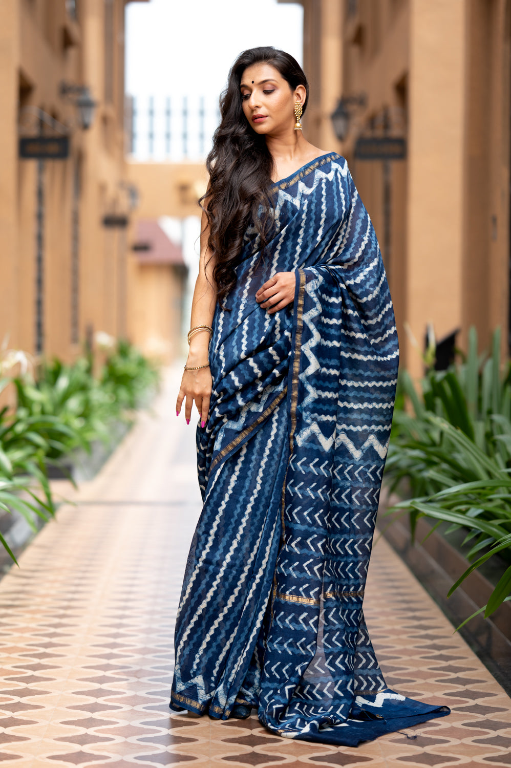 Indigo Pure Chanderi Hand Block Printed 'Zig-Zag Saree'. (6838012706915)