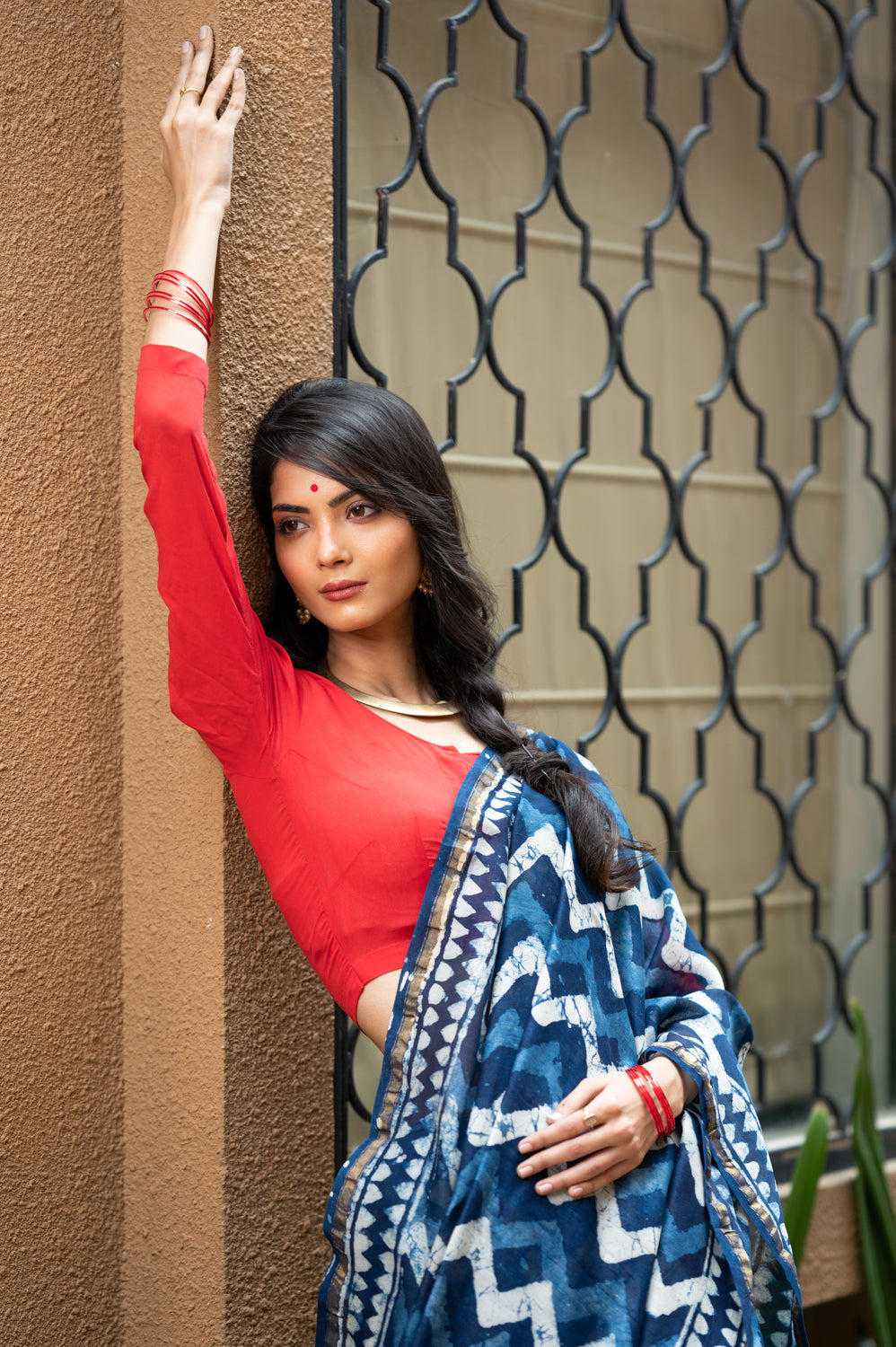 Indigo Pure Chanderi Hand Block Printed 'Zig-Zag Saree'. (6838012739683)