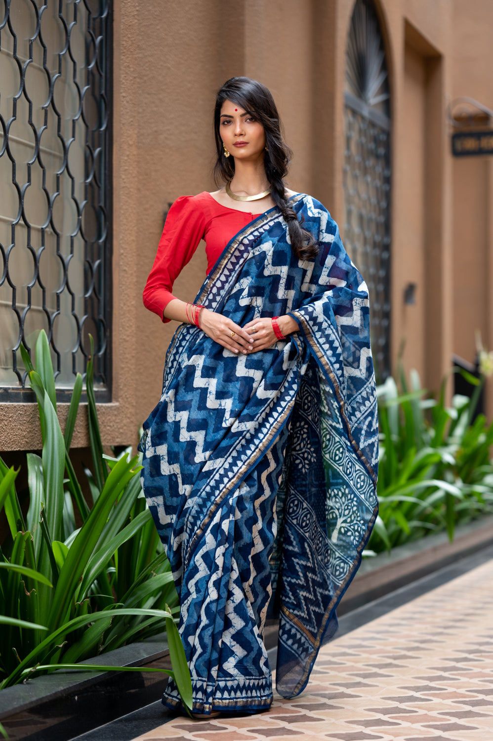 Indigo Pure Chanderi Hand Block Printed 'Zig-Zag Saree'. (6838012739683)