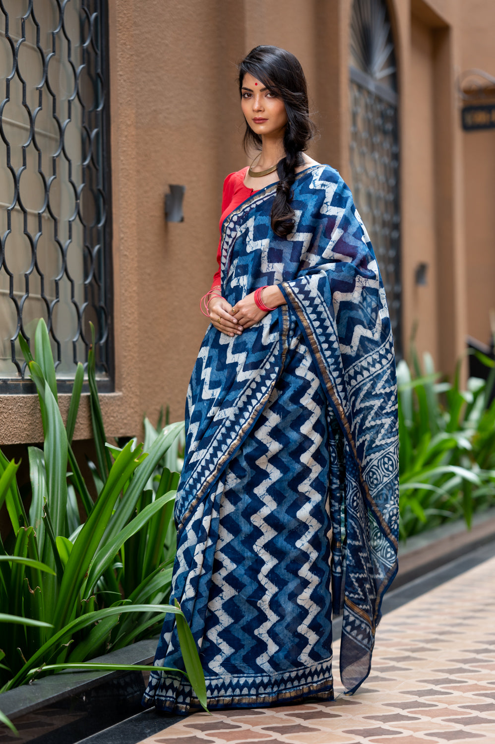 Indigo Pure Chanderi Hand Block Printed 'Zig-Zag Saree'. (6838012739683)