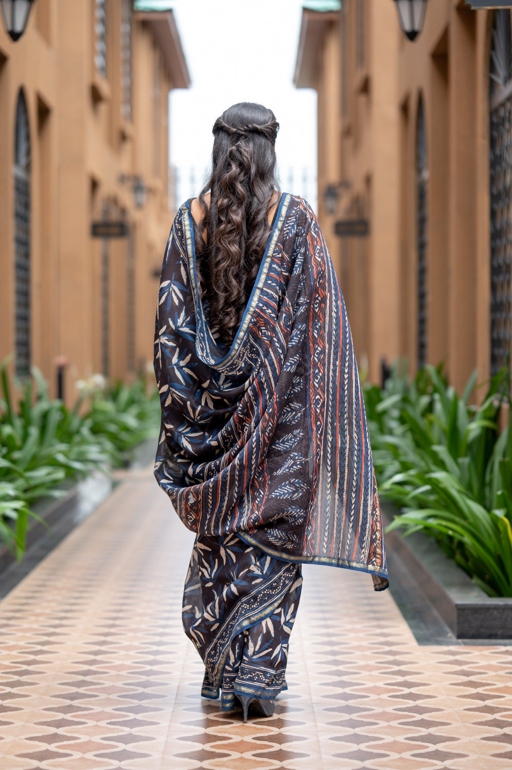 Dabu Leaves Indigo Handblock Printed Chanderi Saree (6838012772451)