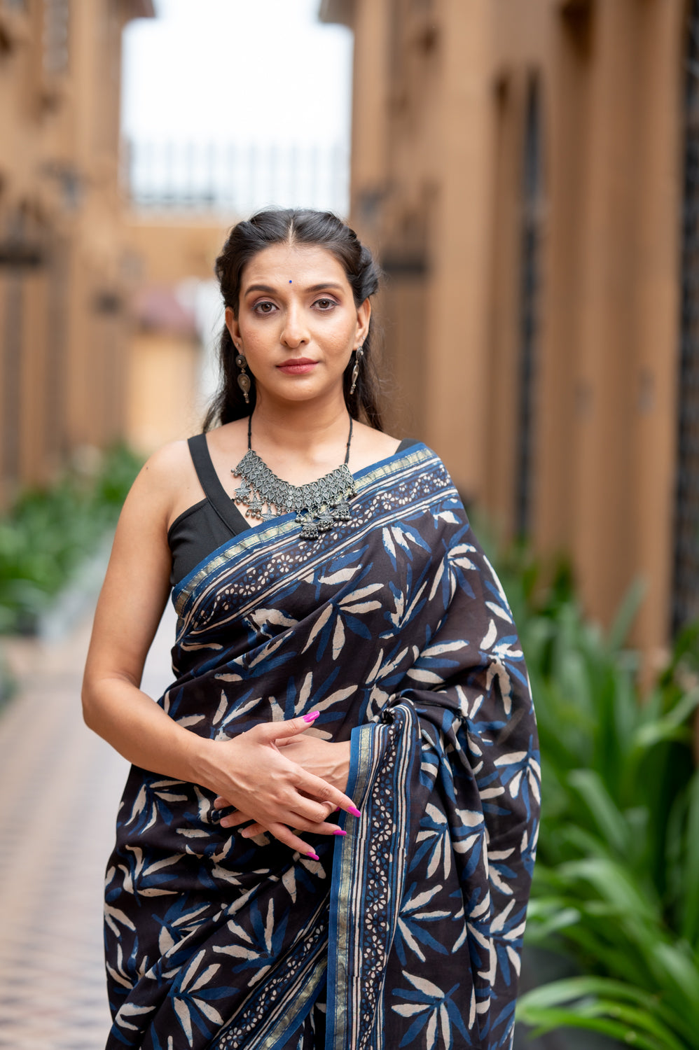 Dabu Leaves Indigo Handblock Printed Chanderi Saree (6838012772451)