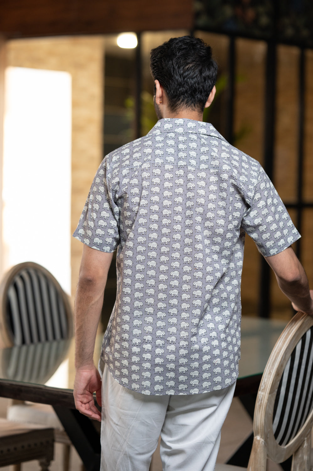 Cotton Comfort Fit Half Sleeves Shirt Grey White Elephants Print 2 (6802535481443)