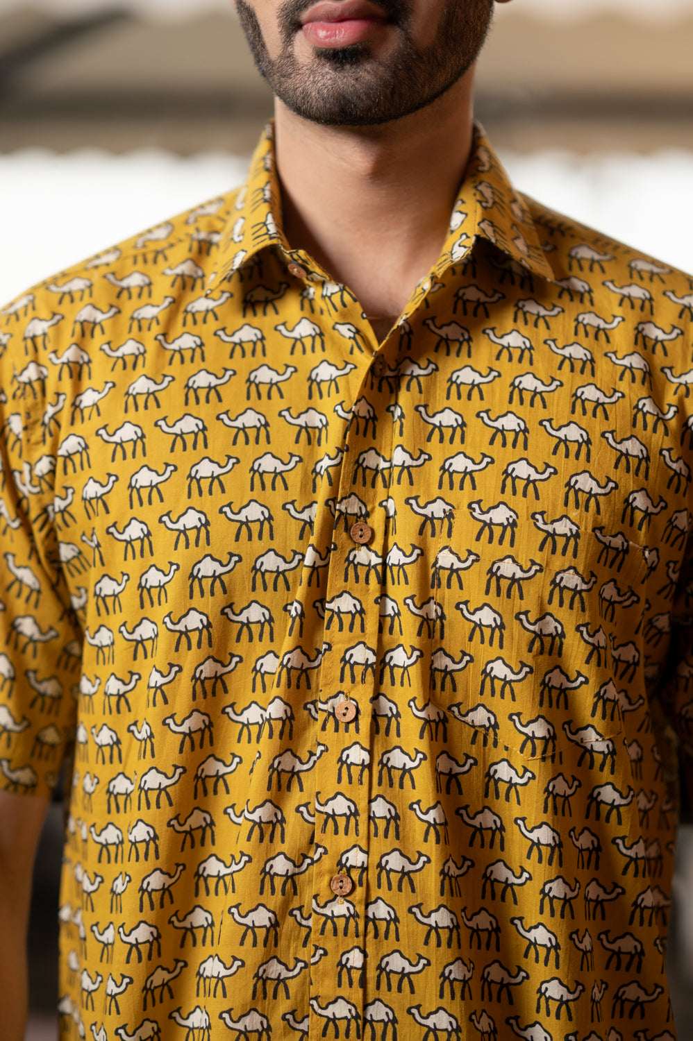 Cotton Comfort Fit Half Sleeves Shirt Mustard White Camel Print 3 (6802535579747)