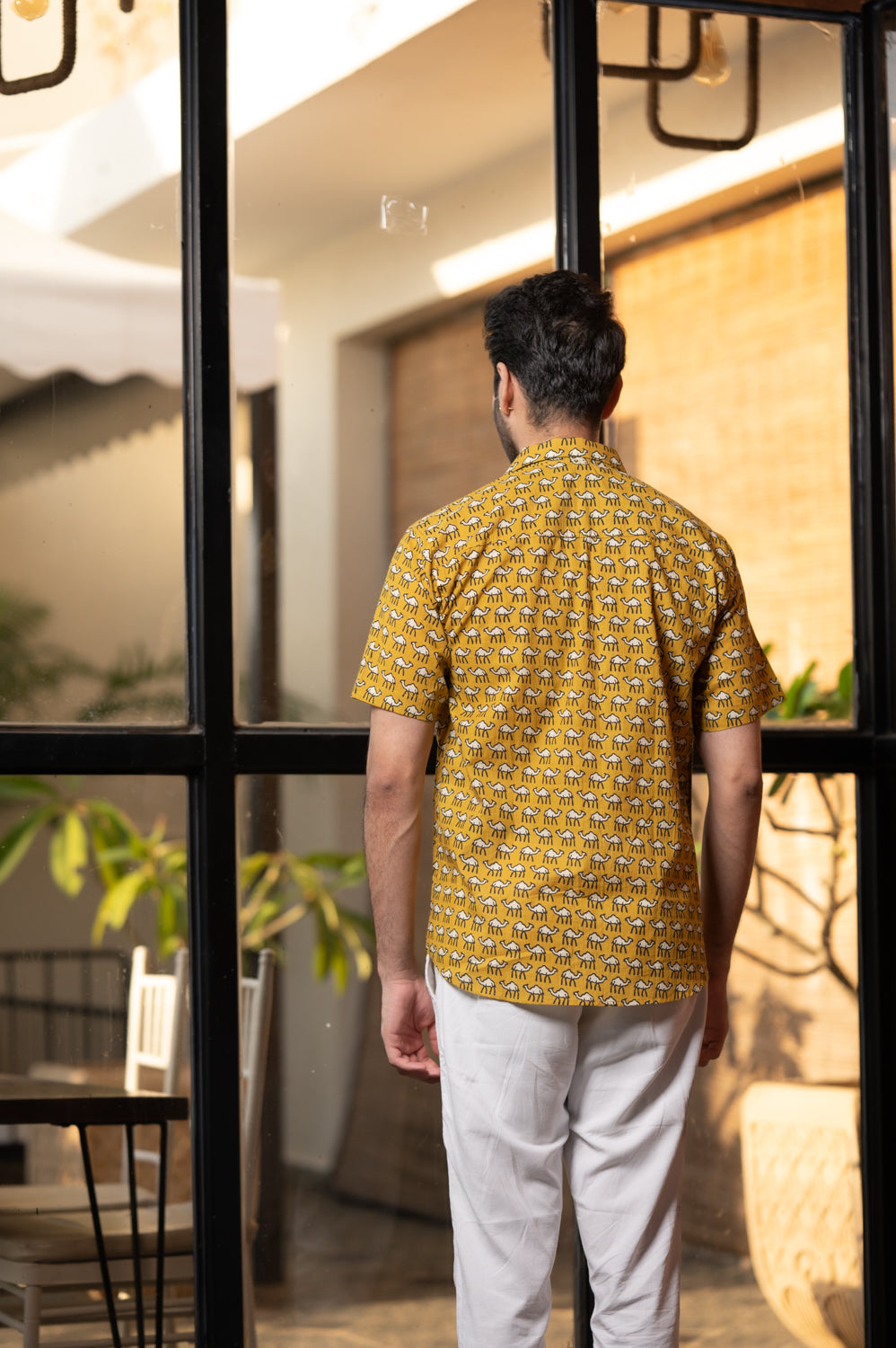 Cotton Comfort Fit Half Sleeves Shirt Mustard White Camel Print 2 (6802535579747)