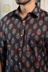 Cotton Comfort Fit Half Sleeves Shirt Black Red Floral Print 3 (6802535612515)