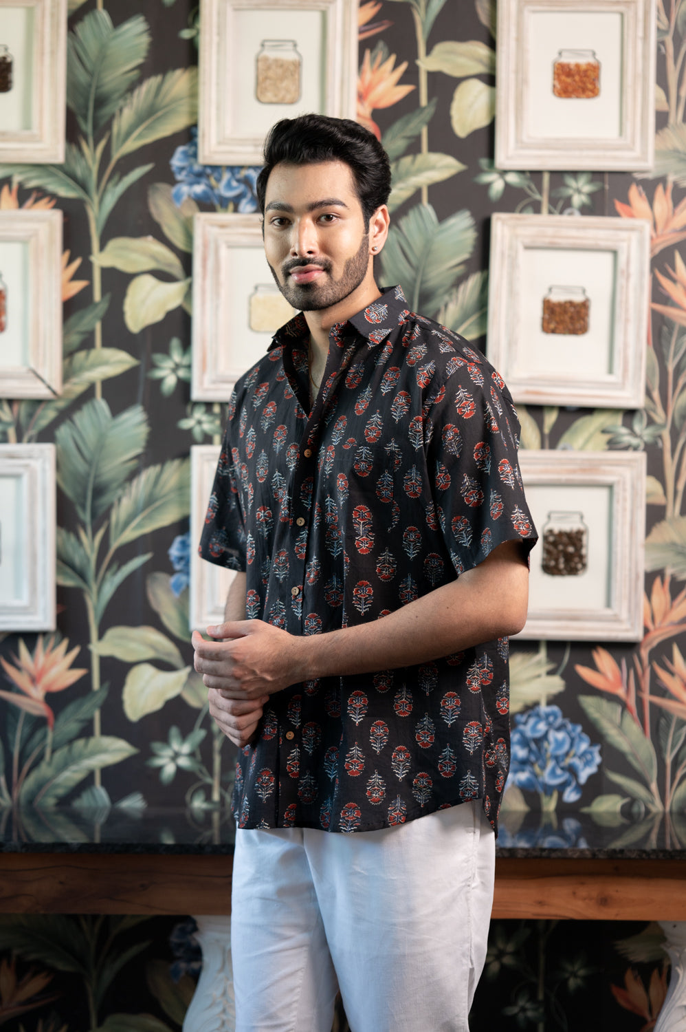 Cotton Comfort Fit Half Sleeves Shirt Black Red Floral Print 2 (6802535612515)