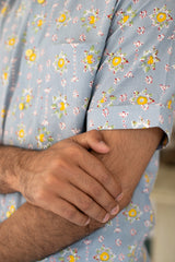 Grey Cotton Men's Shirt with Yellow Floral Buti 1