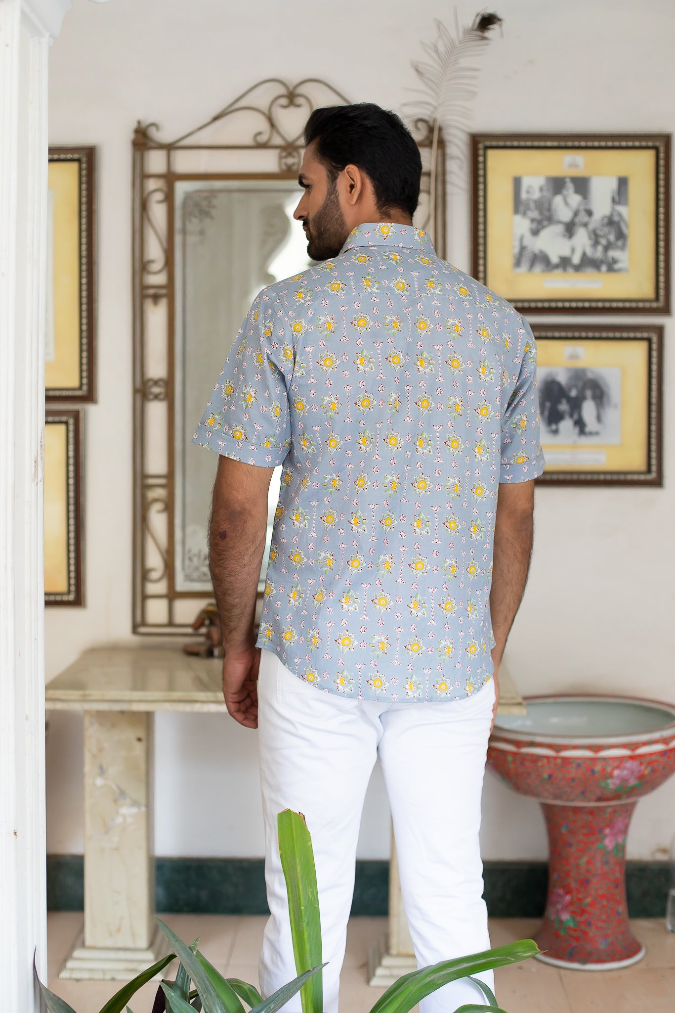 Grey Cotton Men's Shirt with Yellow Floral Buti 3