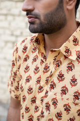 Champagne Yellow Cotton Men's Shirt with Brown Floral Buti 3