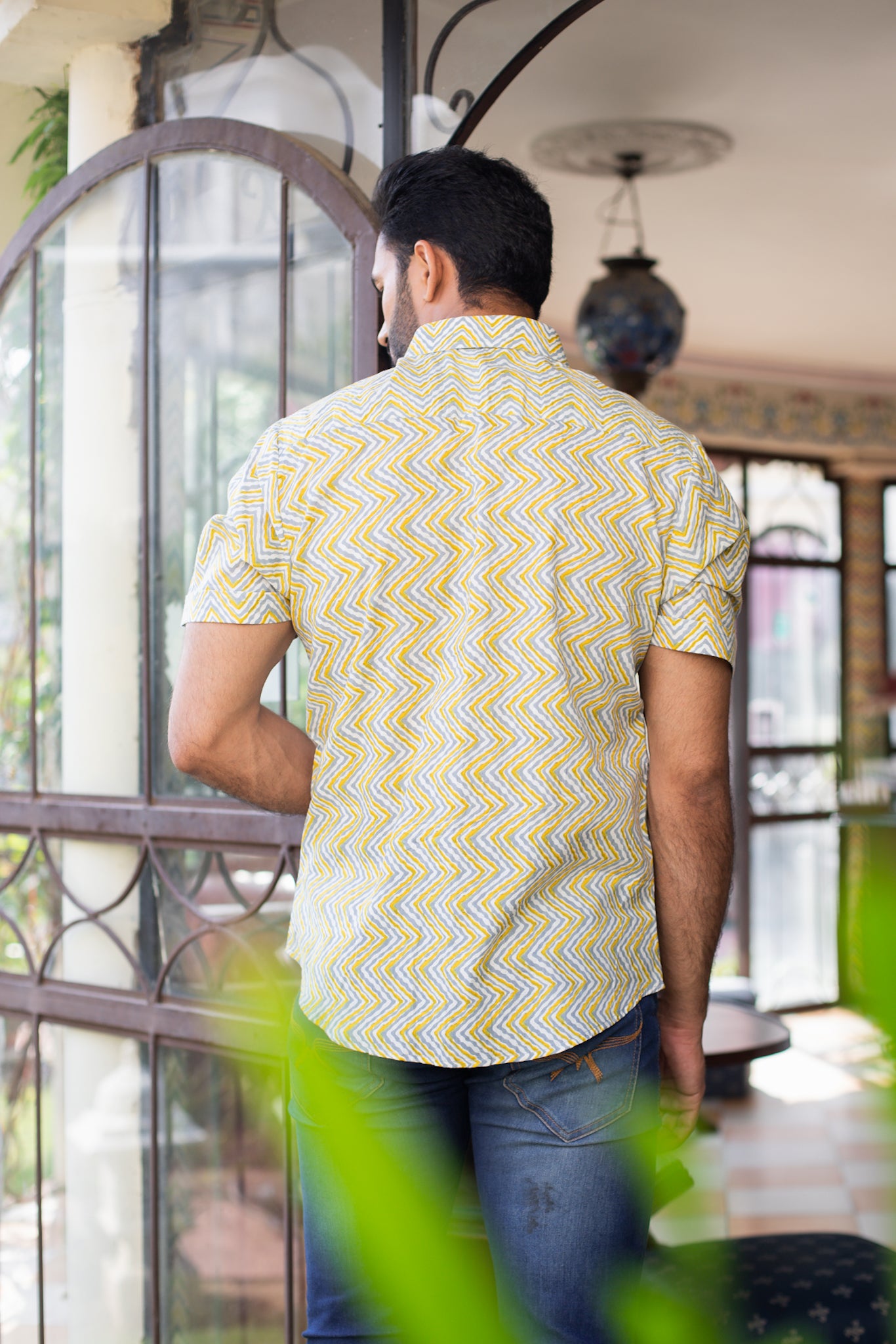 Yellow Grey Cotton Leheriya Men's Shirt 3