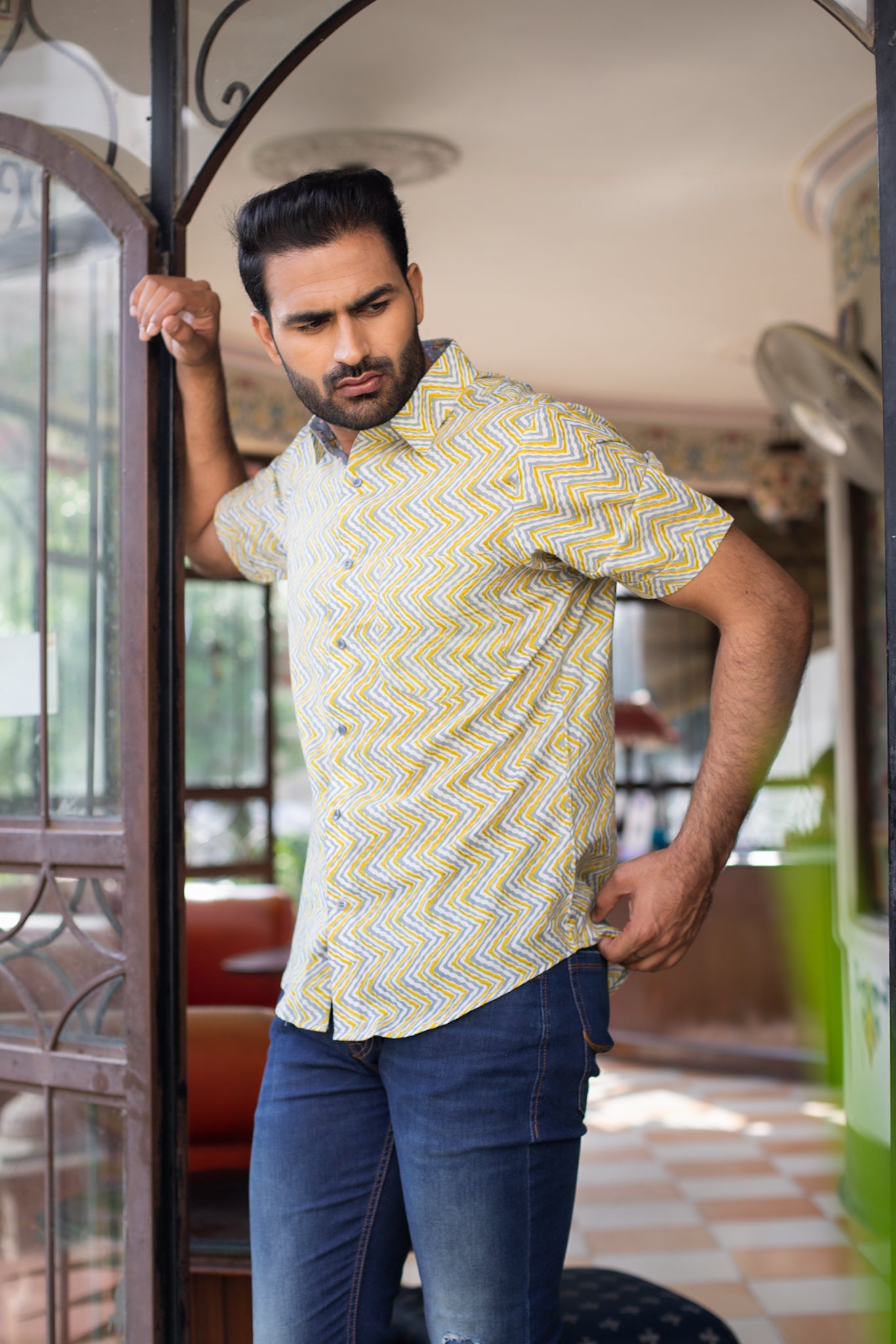 Yellow Grey Cotton Leheriya Men's Shirt 2