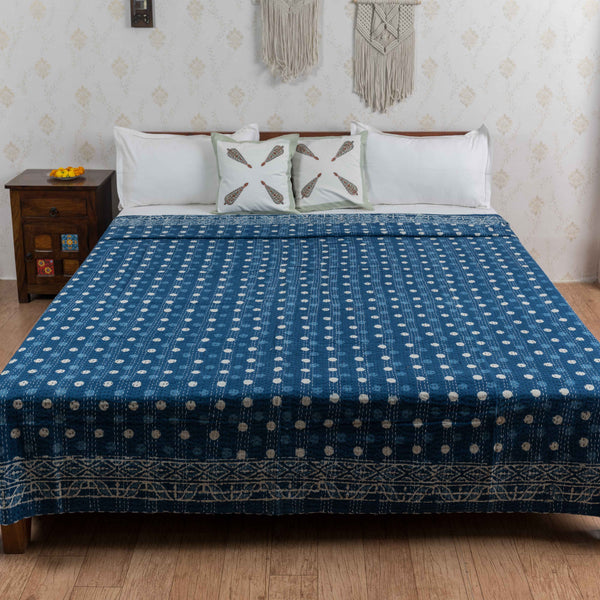Cotton Queen Size Bedcover Indigo Dotted Kantha Work (6753266532451)