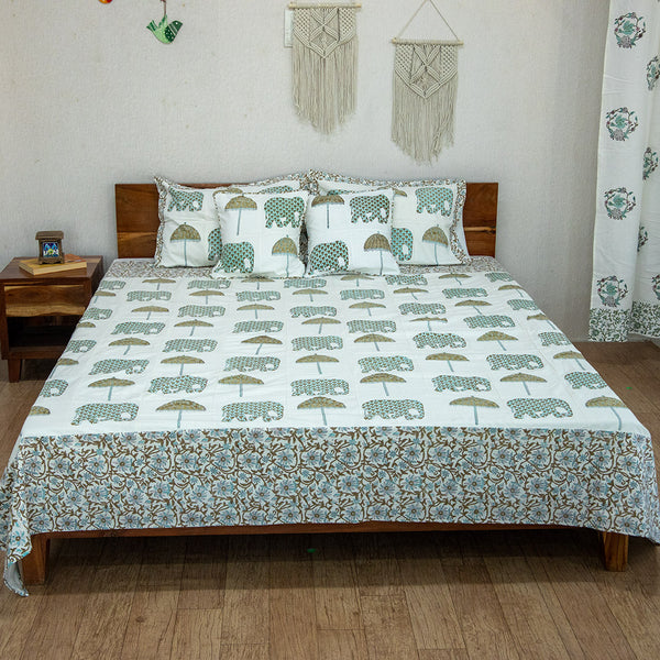 Cotton Bedcover cum Dohar Set Teal Green Elephant Patch Work 1 (6708790100067)