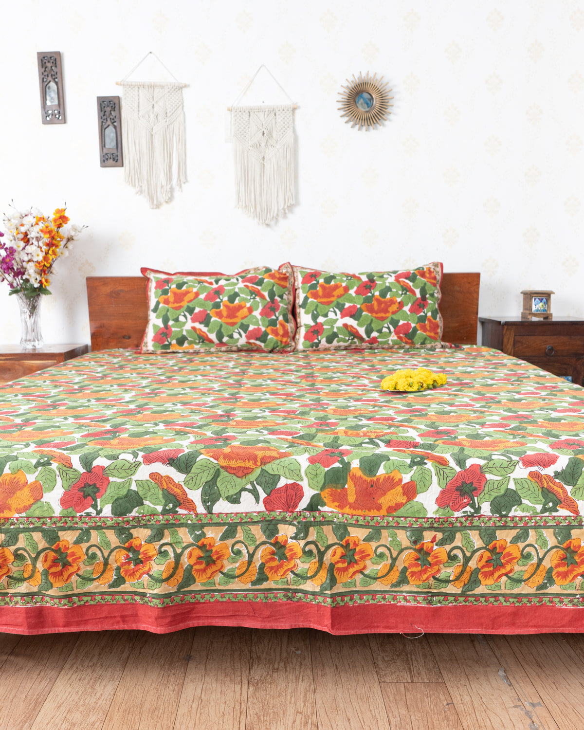 Earthly White Blossom Hand Block printed Double Bedsheet (6833765711971)