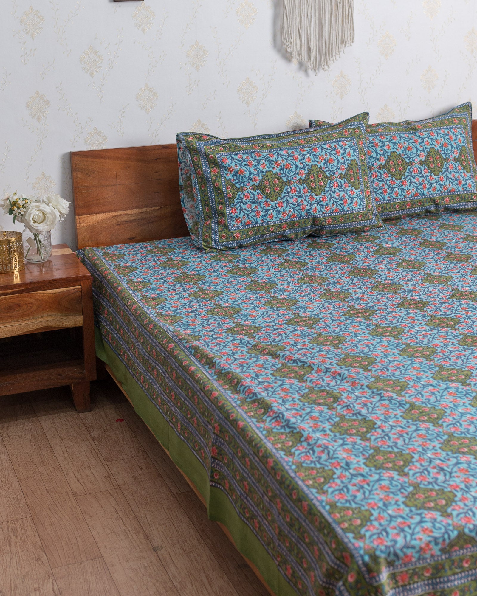 Cotton Queen Size Bedsheet Blue Green Floral Jaal Print (6741986181219)