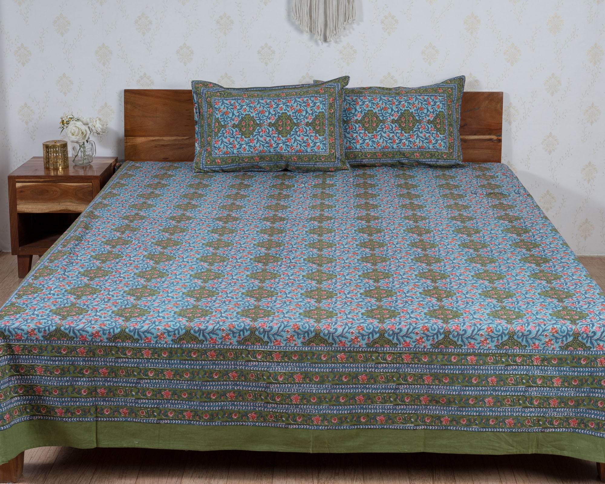 Cotton Queen Size Bedsheet Blue Green Floral Jaal Print 2 (6741986181219)