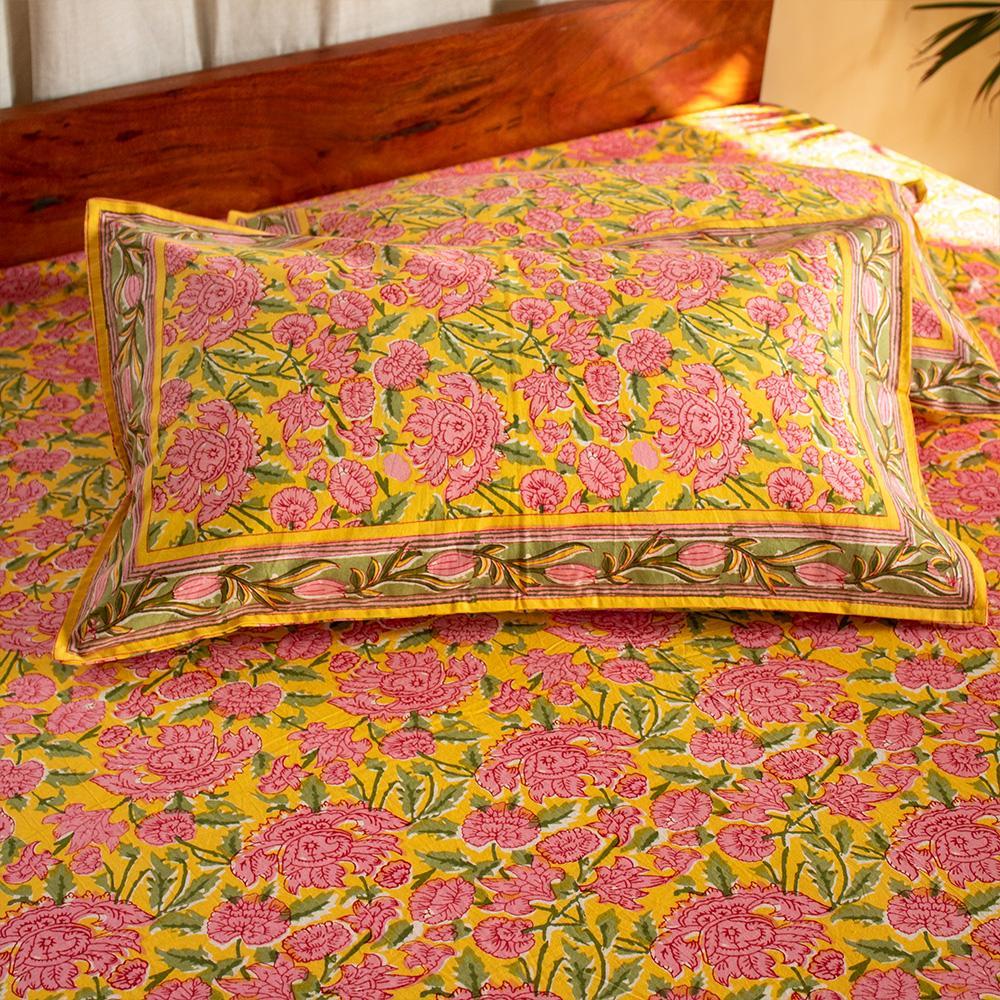Cotton Double Bedsheet Yellow Floral Jaal Print (4709469945955)