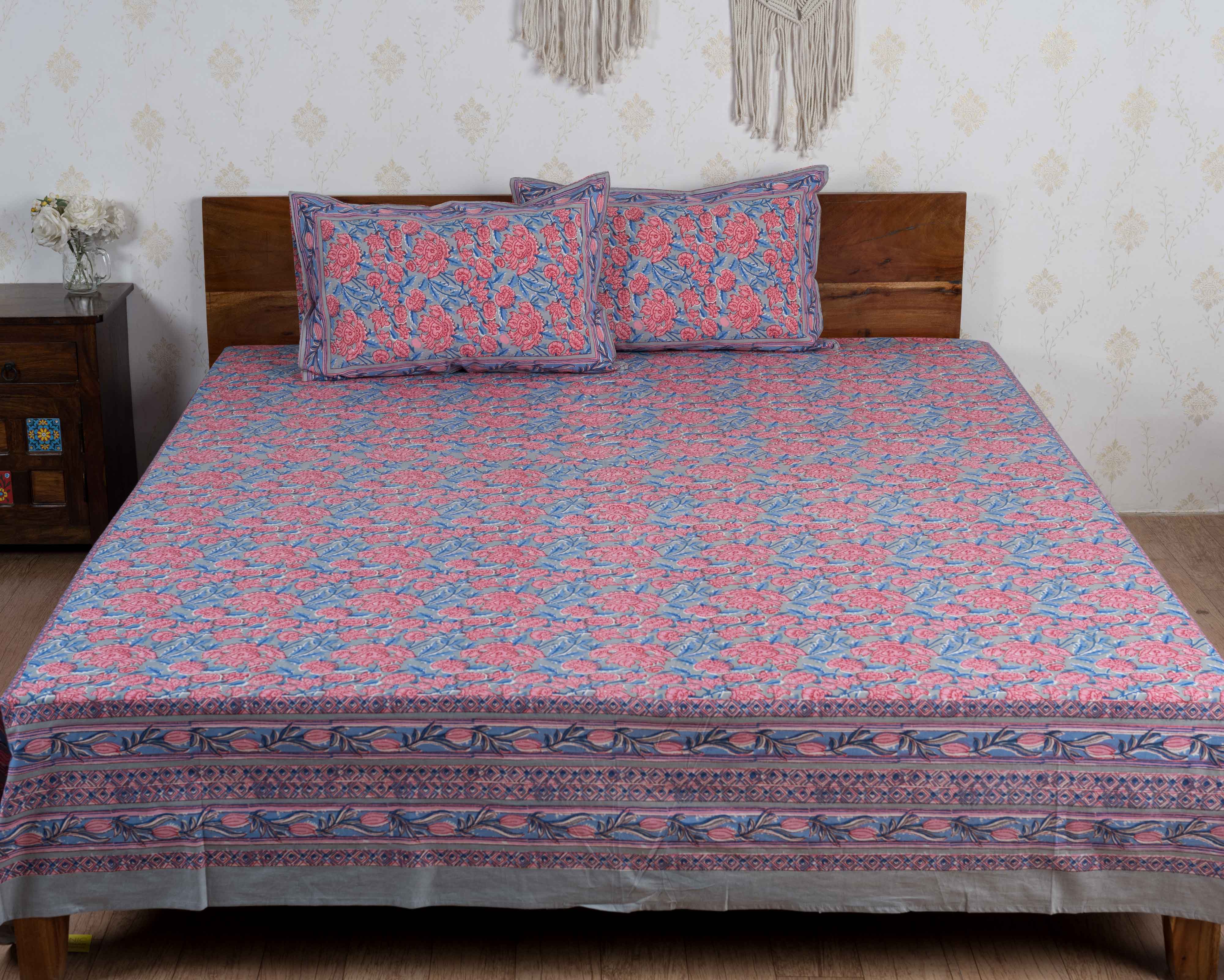 Cotton Queen Size Bedsheet Grey Pink Floral Jaal Print 2 (6741986213987)