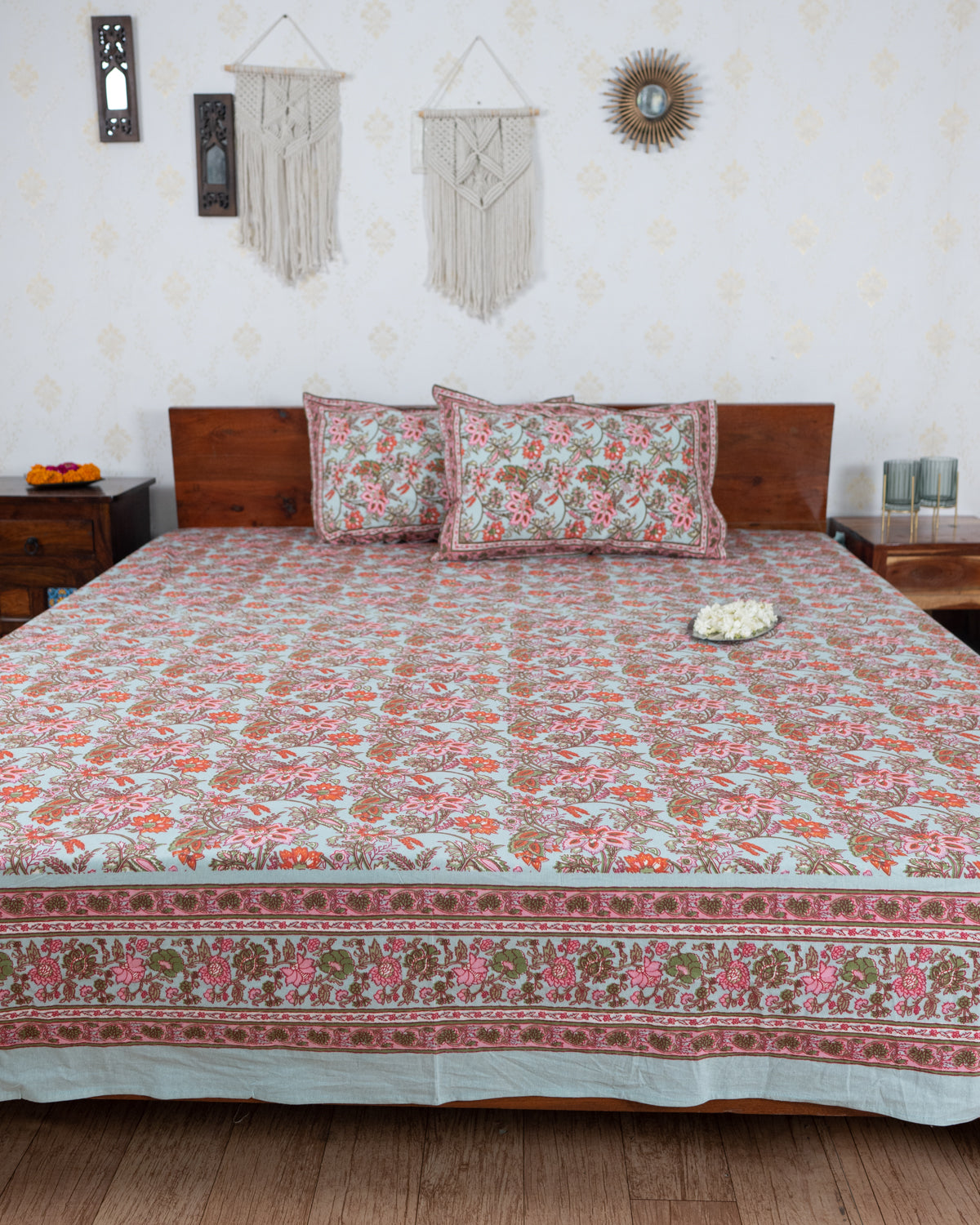 Cotton Double Bedsheet Teal Green Jaal Print 3 (6831167045731)