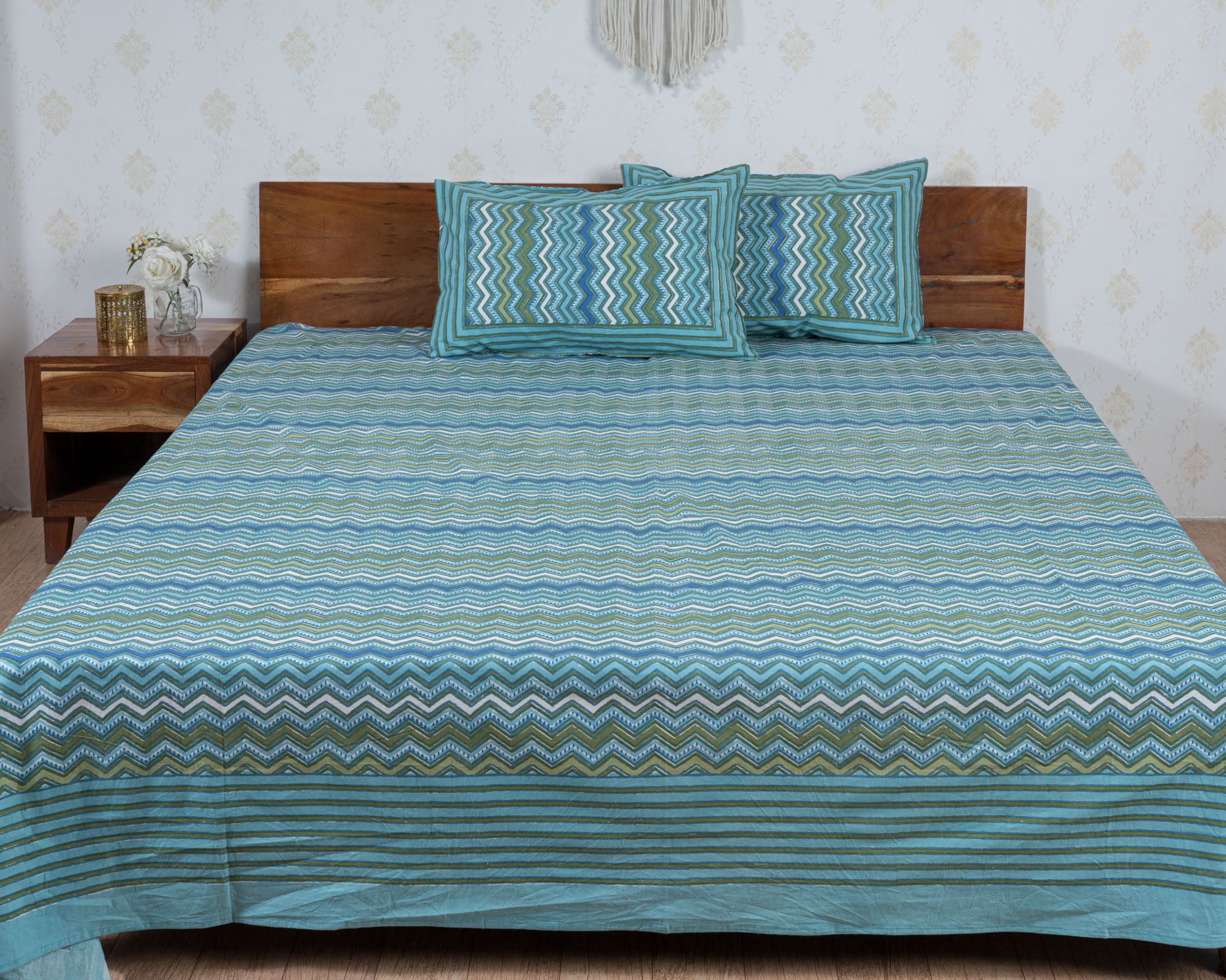 Cotton Queen Size Bedsheet Light Green Leheriya Print 1 (6741986476131)