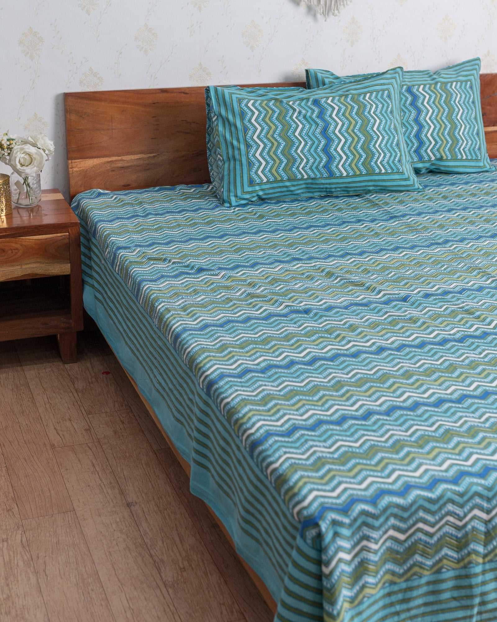 Cotton Queen Size Bedsheet Light Green Leheriya Print (6741986476131)