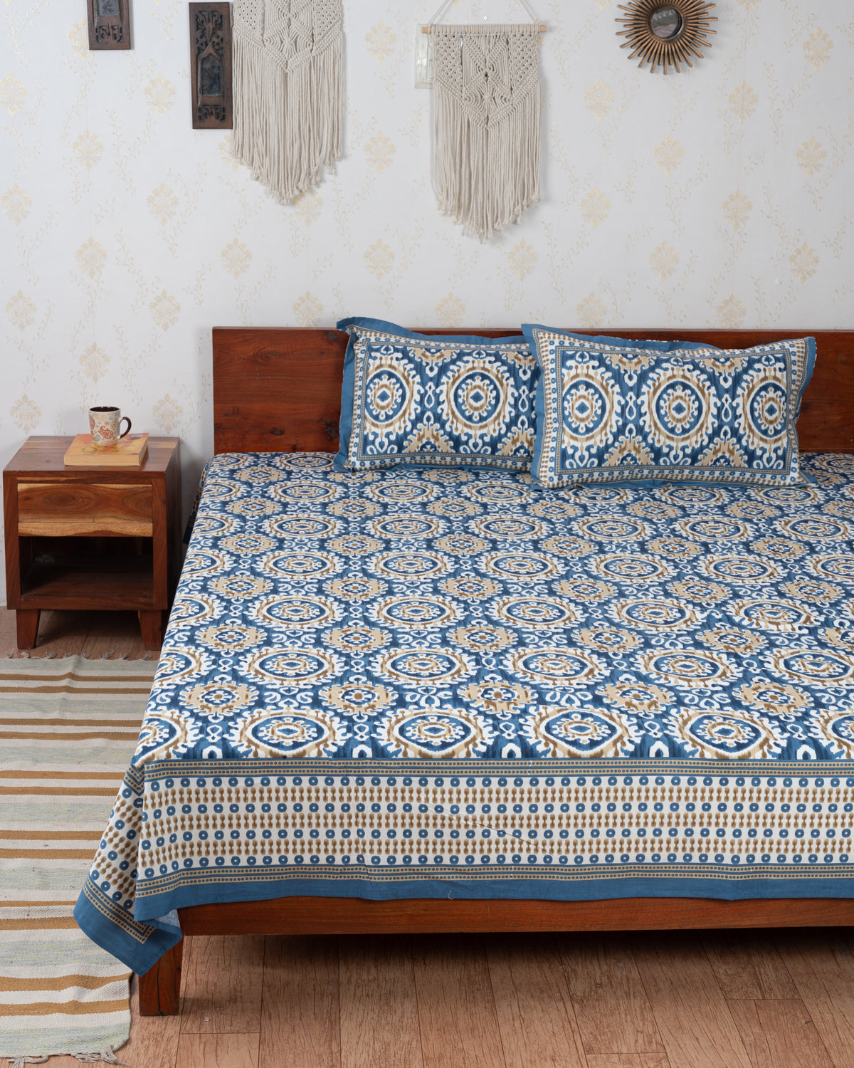 Indigo Blue Floral Grid Pattern Hand Printed Double Bedsheet (6863327133795)