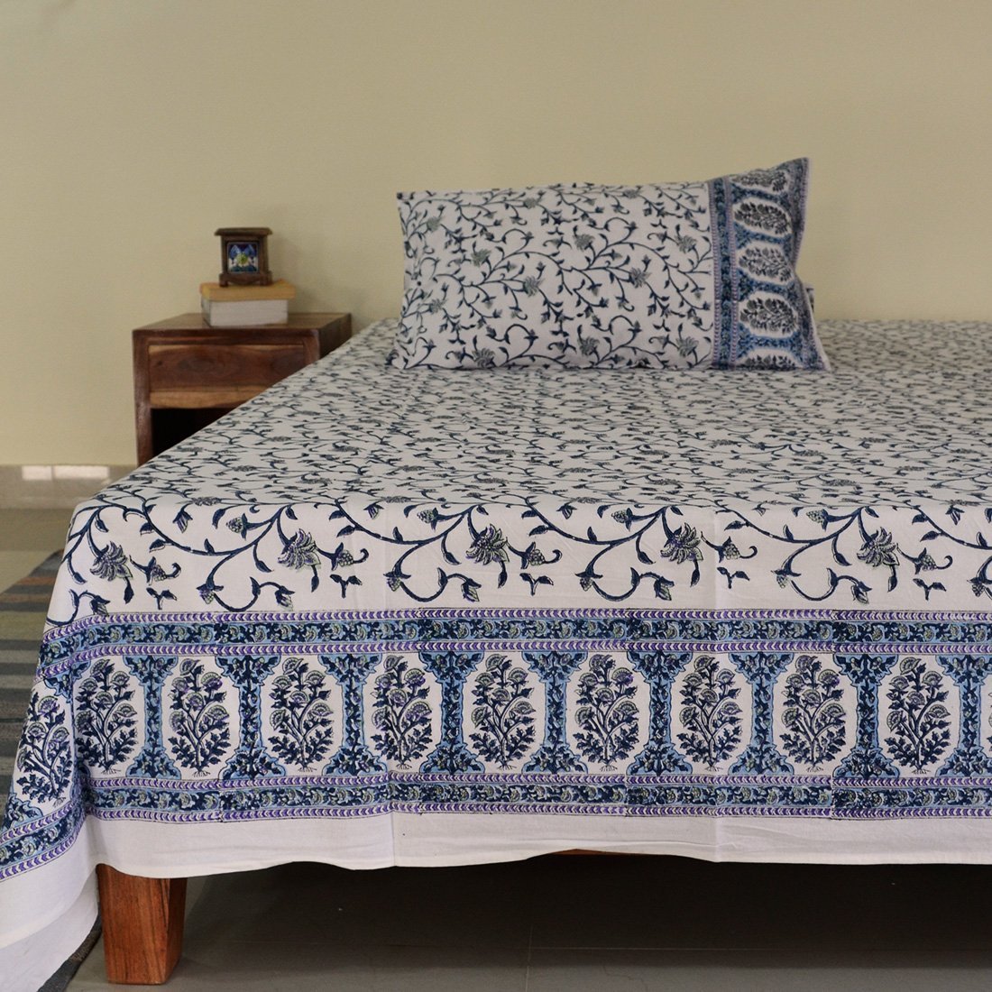 Cotton King Size Bedsheet Blue Grey Floral Jaal Block Print 2 (4688544137315)