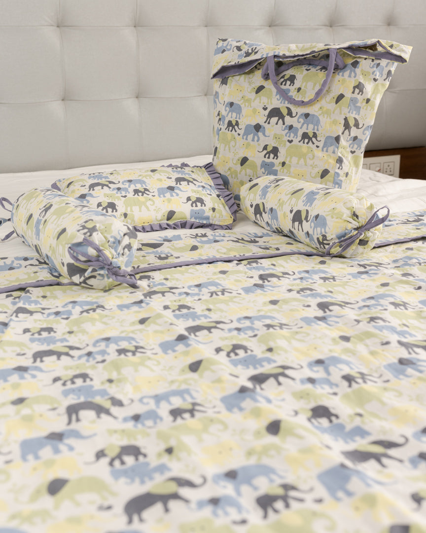 Baby Bedding Set 4 Pc Green Blue Elephant Herd Block Print 5 (6722470641763)